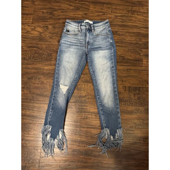 Kancan Jeans Womens 3/25 Light Blue Straight Fringe Hem Denim - Picture 1 of 8